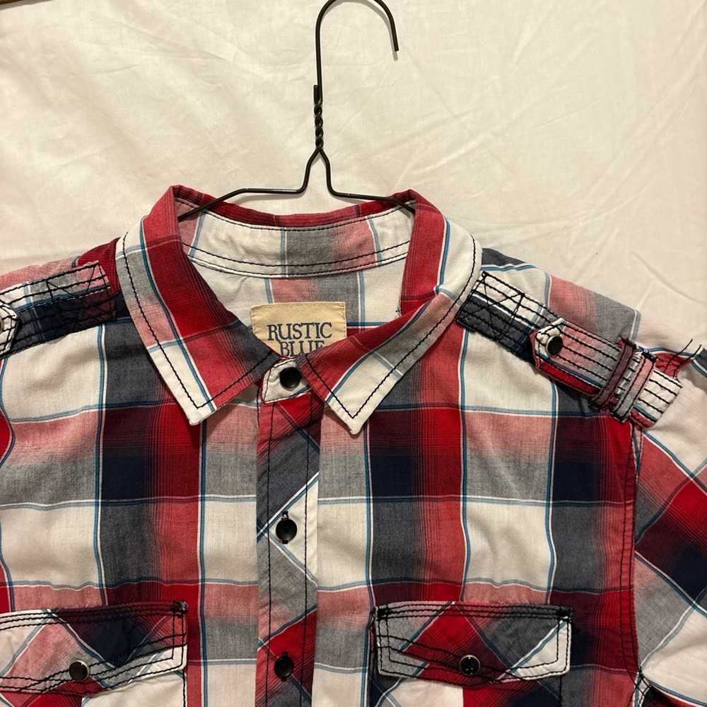 red white and blue plaid button up for men 🇺🇸